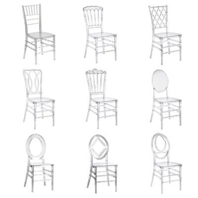 Atacado Cadeira de Resina de Cristal Acrílico Transparente Evento Tiffany Chiavari Cadeira de Jantar de Plástico Transparente para Casamentos e Banquetes